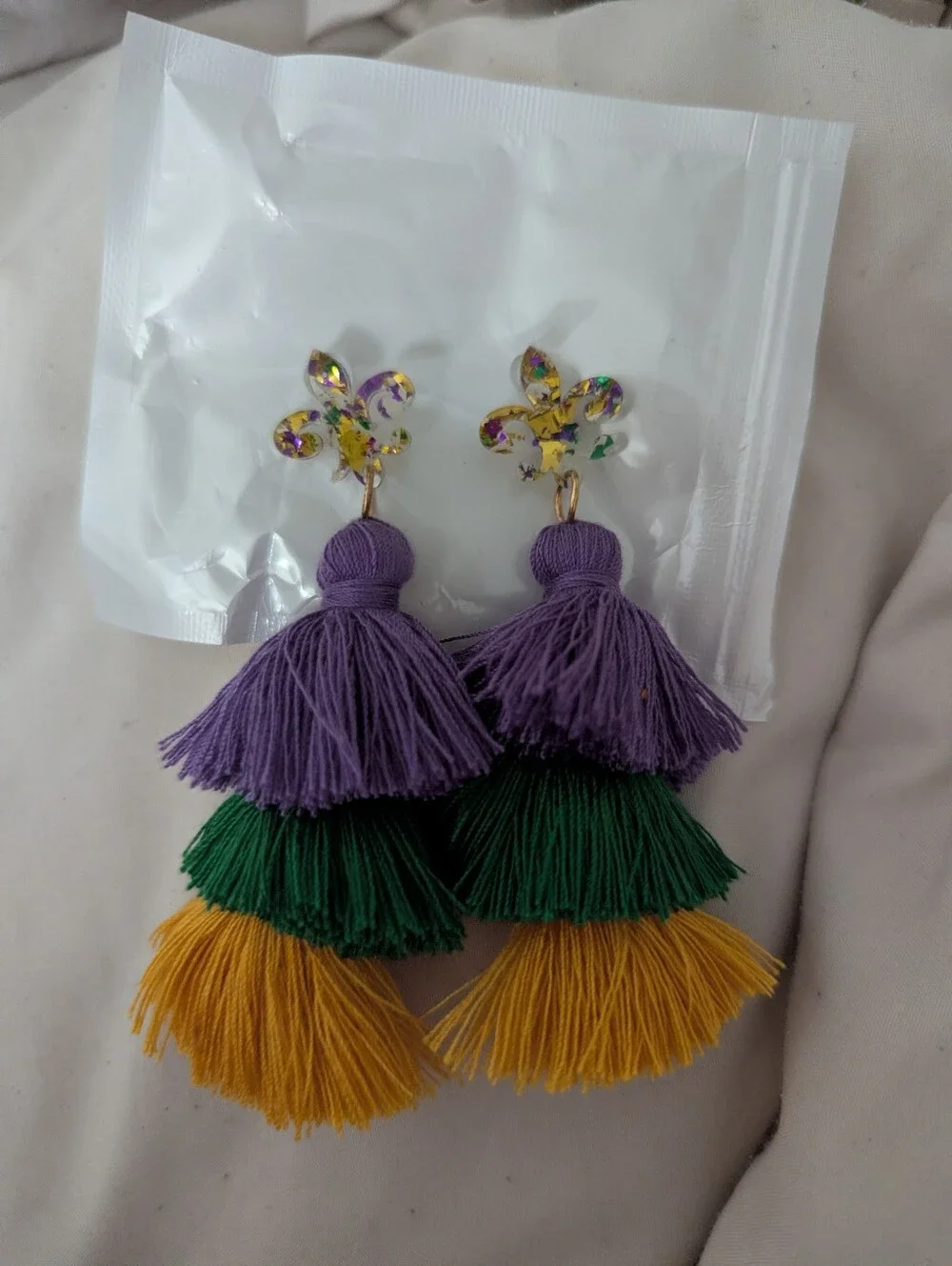 NWT NEW Multi Layer Tassel Earrings Mardi Gras Fleur de Lys